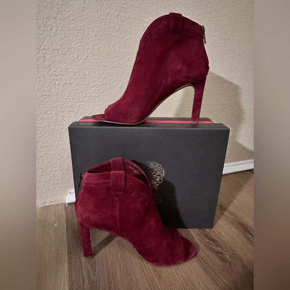 Vince Camuto Shorana Suede Heeled Booties with Peep Toe in Fire Brick Red - 9 - Picture 1 of 10